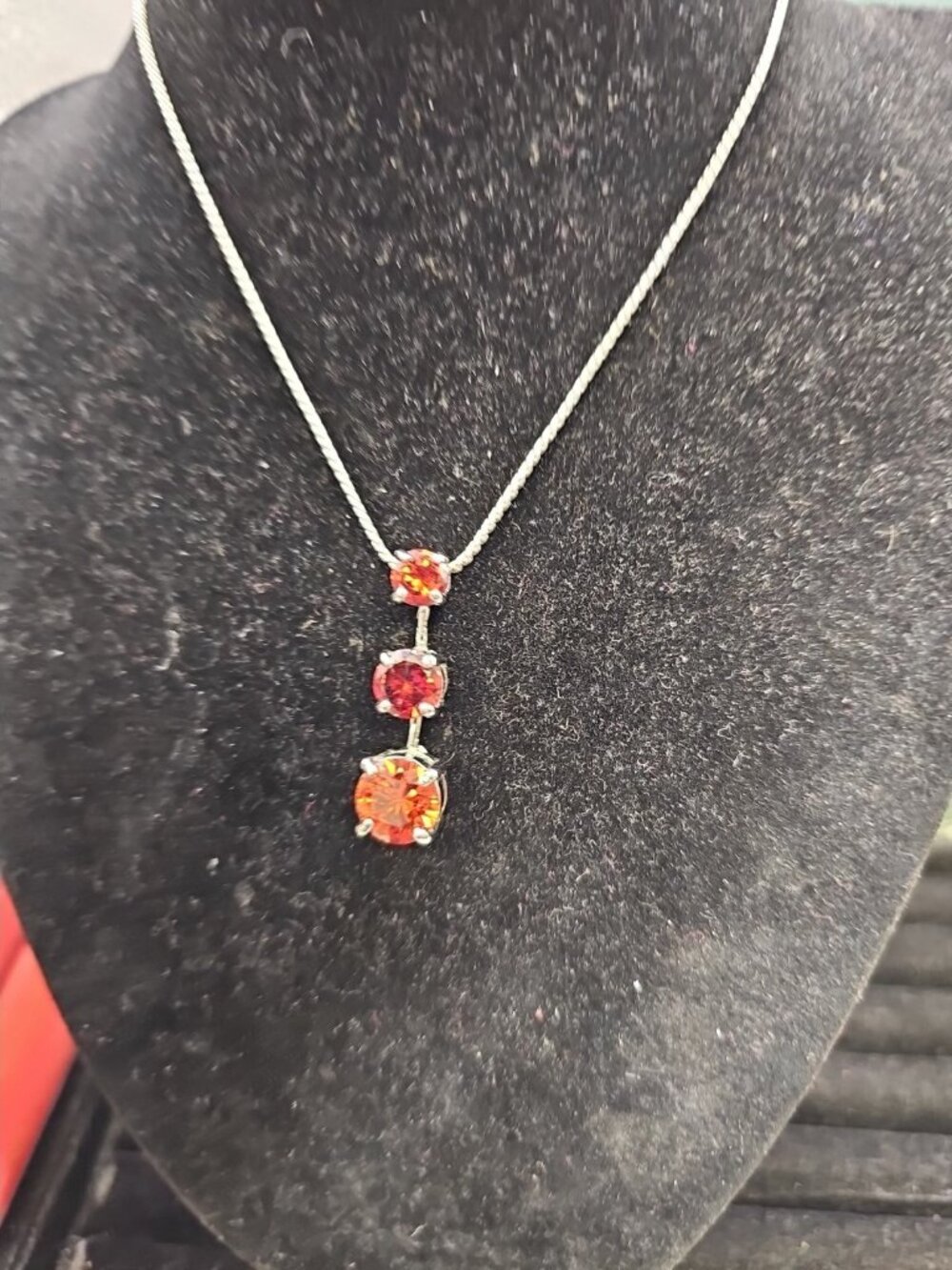 Necklace 3 Stone Silver-tone Setting 19"inch  Snake Chain Red Rhinestone Pendant